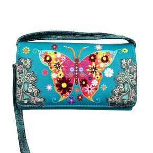Butterfly Embroidery Trifold Clutch Crossbody Wallet